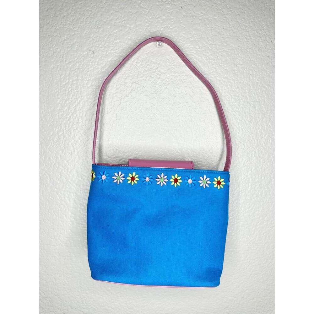 Ralph Shoulder Bag Womens Small Blue Canvas Pink Leather Floral Embroidery